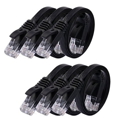 Cat6 Ethernet Cable Flat 1.5ft - 6 PACK Black (At a Cat5e Price but Higher Bandwidth) Internet Network Cable - Cat 6 Ethernet Patch Cable Short - Computer Cable With Snagless RJ45 Connectors