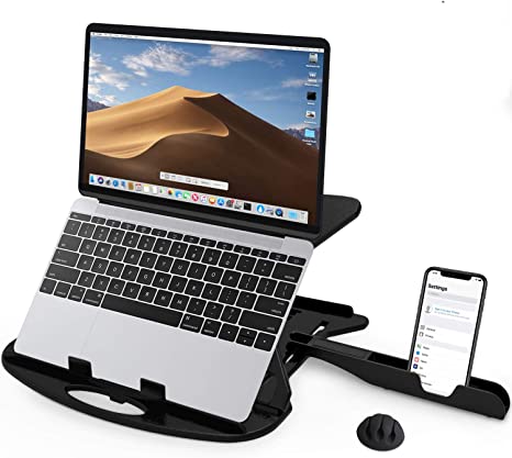 Carnation Adjustable Laptop Stand for Desk with Phone Stand and Cable Clip - 7 Height Options - Swivel Base - Portable, Collapsible - Compatible with Mac, iPad, Tablets and Laptops up to 17” (Black)