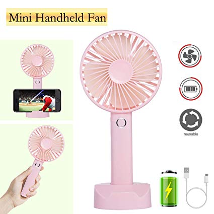 Battery Handheld Fan, Portable Battery Operated Fan : Rechargeable & Adjustable 3 Speeds Mini Personal Electric USB Fan with Desk Stand for Home/Office/Travel/Outdoor (Pink)