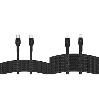 Belkin BoostCharge Pro Flex Braided USB Type C to C Cable (3M/10FT), Black & BoostCharge Pro Flex Braided USB Type C to Lightning Cable (3M/10ft) Black