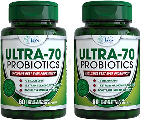 Probiotic 70 Billion CFU Patented Delayed Release Shelf Stable Probiotic Supplement with Prebiotics and Lactobacillus acidophilus - Best Probiotics for Women and Men (2 Pack)