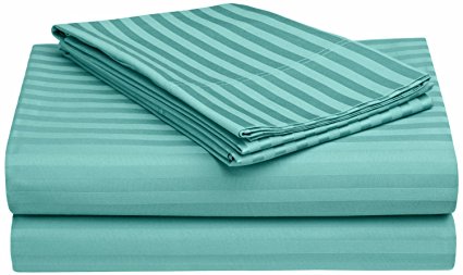 100% Premium Long-Staple Combed Cotton 650 Thread Count Queen 4-Piece Sheet Set, Deep Pocket, Single Ply, Stripe, Teal