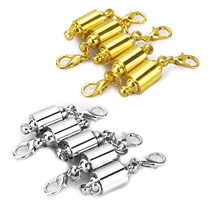 LolliBeads (TM) Strong Magnetic Clasps Clever Clasp Built-In Safety Magnetic Lock with Lobster Clasp For Jewelry Making DIY- Barrel Style Silver/Gold Plated (10 Pcs)