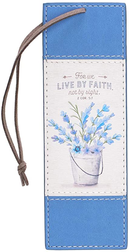 Christian Art Gifts Blue Faux Leather Bookmark | Live By Faith - 2 Corinthians 5:7 Bible Verse Inspirational Bookmark for Women w/Satin Ribbon Tassel