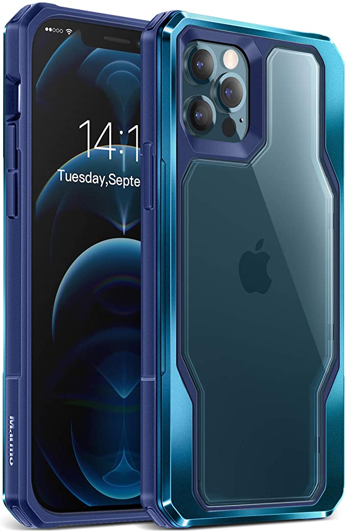 MOBOSI Compatible with iPhone 12 Case/iPhone 12 Pro Protective Case, Hard Aluminum Frame, Tough Shock-Absorbing Bumper Drop Protection Phone Case Cover 6.1 Inch（Blue）