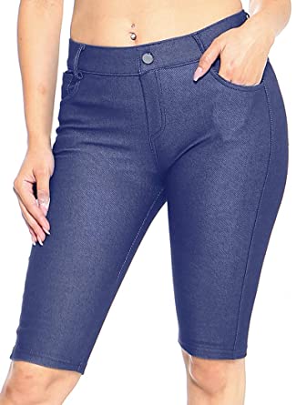 ICONOFLASH Women's Cotton 5 Pocket Bermuda Shorts No Muffin Top Pull On Knee Length Jeggings Stretchy Jean Leggings