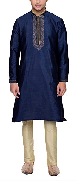 Maharaja Mens Raw Silk Indian Embroidered Festive Kurta Pyjama Set