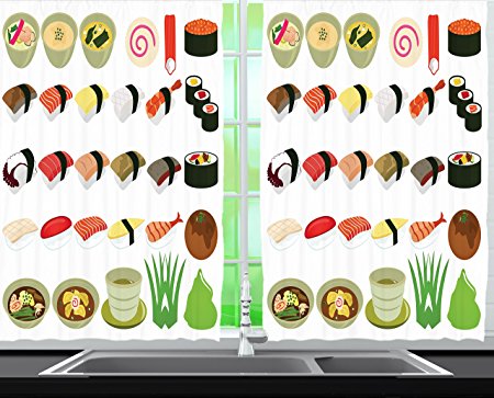 Ambesonne Sushi Decor Collection, Japanese Food, Window Treatments for Kitchen Dining Room Curtains 2 Panels Set, 55 X 39 Inches, Brown Green Orange