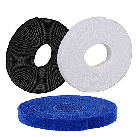 Oldhill Fastening Tapes Hook and Loop Reusable Straps Wires Cords Cable Ties - 1/2" Width, 15' x 3 Rolls (Black, Blue, White)