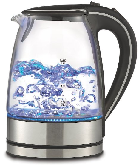 Royal 17L Cordless Glass Electric Hot Water Tea Kettle Blue LED Stainless Steel 50 oz Black