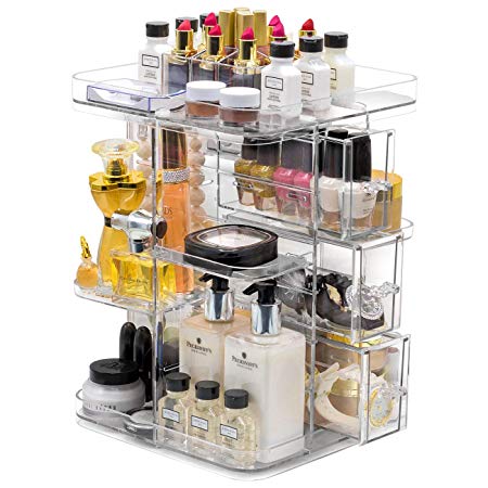 Sorbus Rotating Makeup Organizer, 360° Rotating Adjustable Carousel Storage for Cosmetics, Toiletries, and More — Great for Vanity, Bathroom, Bedroom, Closet, Kitchen (Square Organizer - Clear)