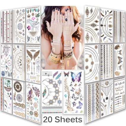 Lady Up Waterproof Metallic Temporary Tattoo 20 sheets Premium Tattoos Bracelet Design in Gold, Silver， Shimmer Temporary Fake Jewelry Tattoos for Bracelets,arm, necklaces