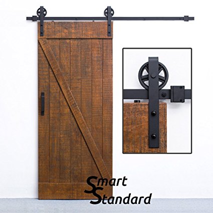 SMARTSTANDARD 6.6 FT Sliding Barn Door Hardware (Black)(Big Industrial Wheel Hanger)(1 x 6.6 Foot Rail)