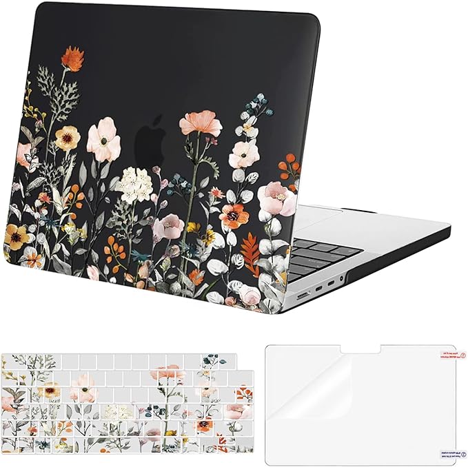 MOSISO Compatible with MacBook Pro 14 inch Case 2023 2022 2021 Release M2 A2779 A2442 M1 Pro/Max Chip with Touch ID, Plastic Garden Flowers Hard Shell&Keyboard Cover&Screen Protector, Black