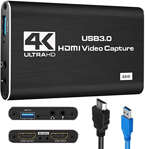 SFABF Audio Video Capture Card,4K HDMI USB3.0 Capture Adapter 1080P 60fps Video Capture Device Portable Video Converter for Video Recording Gaming Streaming Live Broadcast,Support PS4 X-Box Camcorder