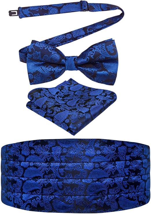 Alizeal Mens Paisley/ Solid Pre-tied Party Adjustable Bow Tie, Cummerbund and Pocket Square Gift Set