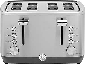 GE Stainless Steel Toaster | 4 Slice | Extra Wide Slots for Toasting Bagels, Breads, Waffles & More | 7 Shade Options for the Entire Household to Enjoy | Countertop Kitchen Essentials | 1500 Watts