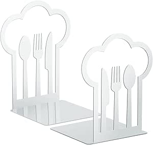 Cookbook Bookends Fork Knife Spoon Decorative Kitchen Metal Book Ends Cookbook Storage Books Stoppers Book Holder Home Decorative Accessories for Shelves Kitchen Book Holders (White,1 Pair)