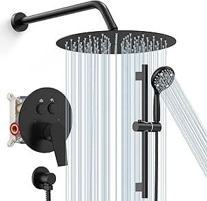 SR SUN RISE Matte Black Shower Faucet Set - 12 Inch Rain Shower Head with Adjustable Slide Bar Combo Set - Wall Mounted Rain Shower System Bathroom (Valve and Trim Kit Included)