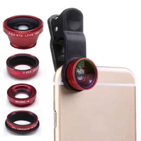 Yarrashop® Universal 4 in 1 iphone Lens Camera Phone Lens Set with 180 Degree Fish Eye Lens   Wide Angle Lens   10X Macro Lens   CPL Lens for iPhone 6s / 6s Plus, iPhone 6 / 6 Plus, iphone 5 / 5S / 5C ,Samsung Galaxy S5 S6 Note3 Note4 HTC Blackberry Sony Smartphones (Red)