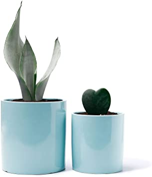 POTEY Ceramic Planter Flower Plant Pot - 4.9” 6.1” with Drain Hole Full Depth Cylinder - Minimalism for Indoor planters - Set of 2, Blue