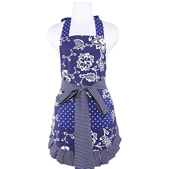 NEOVIVA Cooking Apron for Women with Pockets, Double-layered Girls Apron for Cooking, Baking, BBQ and Gardening, Style Kathy, Floral Crown Blue