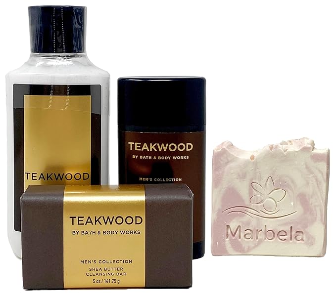 Bath & Body Works Men's Collection Teakwood - 3 Pack - Body Lotion, Antiperspirant Deodorant and Cleasing Bar with a Himalayan Salts Springs Sample Soap.