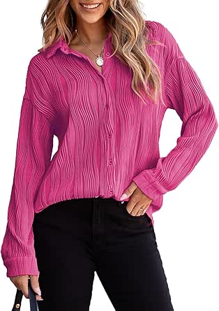 EVALESS Womens Long Sleeve Button Down Shirts Business Casual Work Textured Blouses Tops