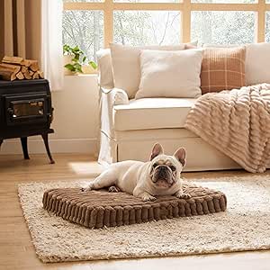 Bedsure Orthopedic Dog Bed for Medium Dogs, Cute Waterproof Egg Foam Dog Beds with Removable Cover, Corduroy Fleece Comfort Furry Dog Mats for Indoor Dogs (30x20, Copper Brwon)