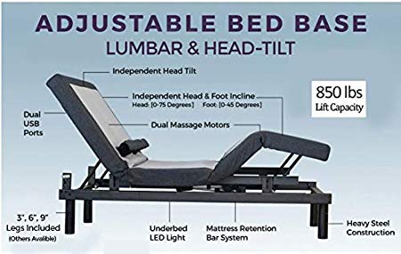 Queen Adjustable Bed Base Frame (Individual Head Tilt & Lumbar) USB Ports, Zero Gravity, Anti Snoring Interactive Dual Massage by Sven & Son Queen