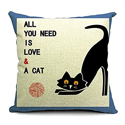 Wonder4 Throw Pillow Case, Cute Cat Decorative Cotton Linen Square Cushion Cover pillow slip 18" x 18" All You Need Is Love & A Cat Print