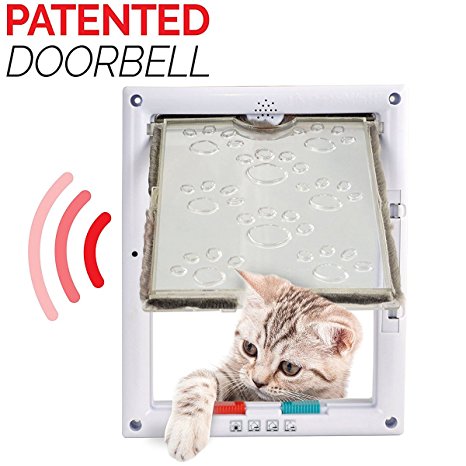 Aspectek Cat Door, Outdoor 4 Way Locking Automatic Magnetic Lock with Patented Doorbell,Size 9.2x7.4x2.3 Inch, Large - White