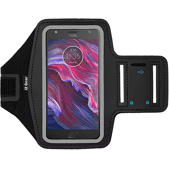 i2 Gear Cell Phone Armband Case for Running - Workout Phone Holder with Adjustable Arm Band, Reflective - XL fits Moto One Power, Moto G6, G6 Play, G4 Plus, Moto Z3, Z, Z Play, E5 (Black)
