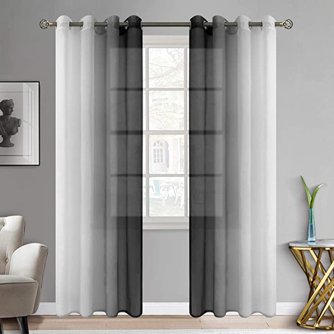BGment Ombre Sheer Curtains Faux Linen Grommet Light Filtering Semi Sheer Gradient Window Curtain Pair for Bedroom Living Room, Set of 2 Panels (Each 52 x 84 Inch, Black)