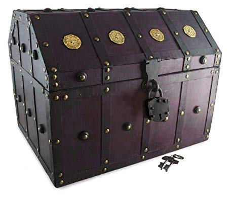 Well Pack Box Treasure Chest Pirate 16"x 12"x 12" Lock Skeleton Keys Doubloon Accents in Antique Cherry Stain (Extra Large)