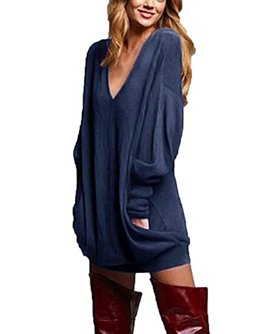 ZANZEA Women's V-neck Long Sleeve Loose Blouse Jumper Tops Mini Dress Pullover