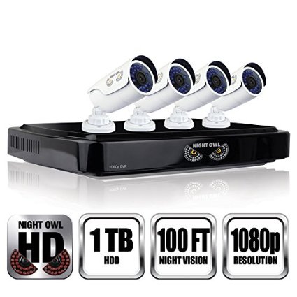NIGHT OWL C-841-A10 8 Channel 1080P DVR Security System, 4 HD 1080p Cameras 1 TB HDD (Black DVR/White Cam)