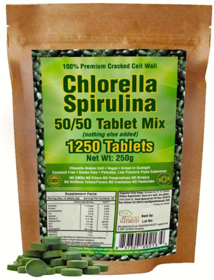 Premium Chlorella Spirulina 1250 Tablets Mix with Chlorella Growth Factor CGF and Spirulina Growth Factor SGF With No Other Ingredients Added High Protein Content Deep Green Color Non GMO Alkalyzing Sunlight Grown Cracked Cell Wall