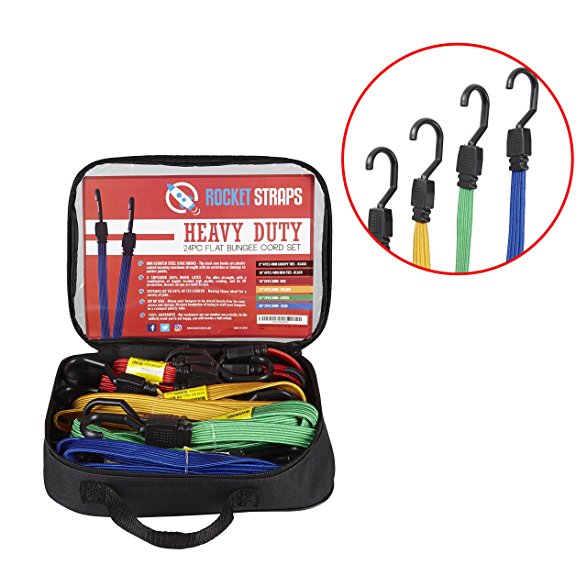 ROCKET STRAPS | Flat 24PC Extreme Heavy Duty Flat Bungee Cord Set with Steel Plastic Coated Reinforced S Hooks |Tie Downs | Ball Bungees and Large Carrying Bag | 100% Latex For Extreme Strength