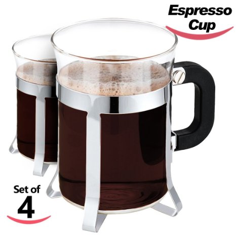 Glass Expresso-Cappuccino-Cups Set with Bakelite-Handles - 4 Piece Pack Chromed Expresso Mug with Chromed Holder 200 ml Ideal for Bistro Coffee Shop and Home Use by Utopia Kitchen
