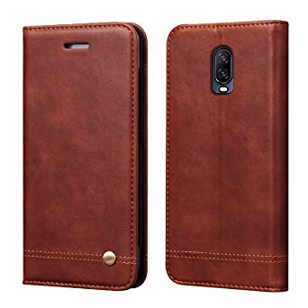 OnePlus 6T case,RUIHUI Classic Leather Wallet Folding Flip Protective Shock Resistant Case Cover with Card Slots,Kickstand and Magnetic Closure for One Plus 6T (Brown)