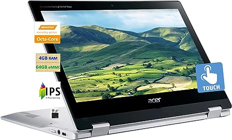 Acer 2023 Newest X360 Chromebook Spin 2-in-1 Convertible Laptop Student Business,8-Core MediaTek MT8183C Processor,11.6‘ HD Touch IPS,4GB RAM,64GB eMMC,WiFi 5,Chrome OS MarXSolCables,Pure Silver