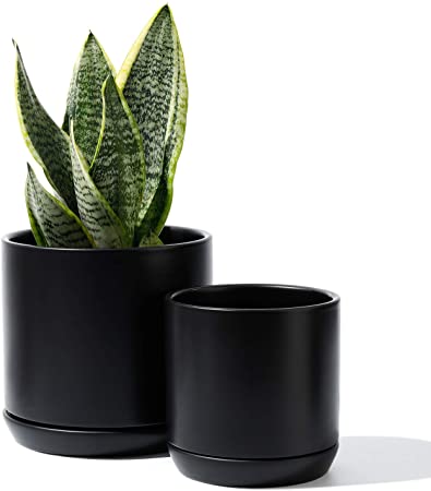 POTEY 053105 Plant Pots with Drainage Holes & Saucer - Glazed Ceramic Modern Planters Indoor Bonsai Container for Plants Flower Aloe(Set of 2-6.6   5.1 Inch, Matte Black, Plants Not Included)