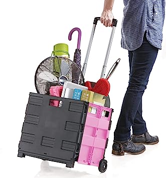 Inspired Living Ultra-Slim Rolling Collapsible Storage Pack-N-Roll Utility-carts, with Telescopic Handle, for Home, Garden, Shopping, Office, School use, Large, Pink & Black