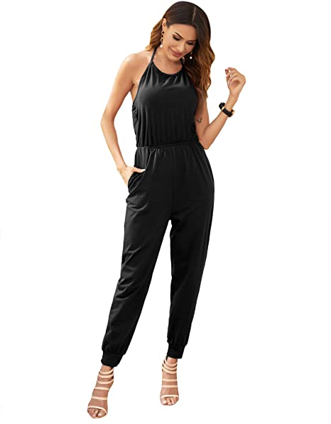 ACEVOG Women Halter Jumpsuits Backless Sexy Party Long Jumpsuits Romper