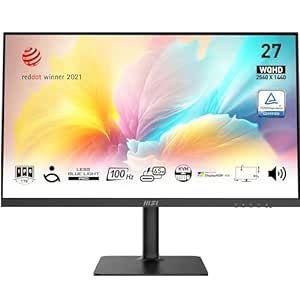 MSI Modern MD272QXP 27 Inch WQHD Office Monitor - 2560 x 1440 IPS Panel, 100 Hz, Eye-Friendly Screen, DisplayHDR 400, Built-in Speakers, 4-Way Adjustable Stand, KVM - DP 1.2a, HDMI 2.0b, USB Type-C