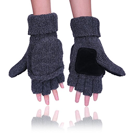 HDE Winter Mittens Knit Fingerless Fliptop Thermal Fleece Gloves w/ Suede Grips