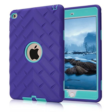 HOcase iPad mini 4 Case - Dual Layer Rugged Shockproof Protective Case with Tough Tire Design for iPad mini 4 (Purple Mint Green)