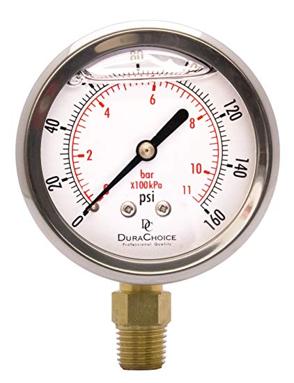 2-1/2" Oil Filled Pressure Gauge - Stainless Steel Case, Brass, 1/4" NPT, Lower Mount Connection 0-160PSI