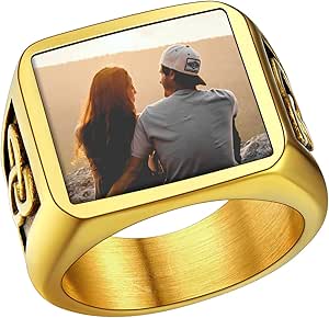 U7 Custom Picture & Text Engraved Ring Stainless Steel 18K Gold Plated Wedding Engagement Heart/Round/Shield/Square Signet Rings Personalized Memory Photo Inside, Gift for Men Women